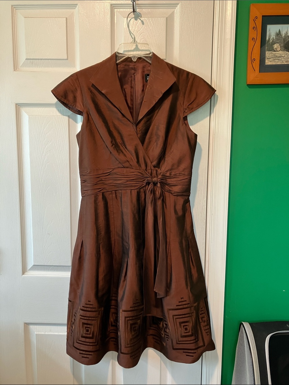 Adrianna Papell copper silk blend Brown Wrap-Front Midi Dress portrait collar 8